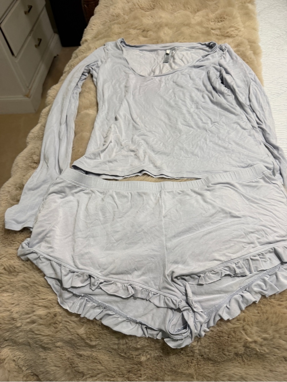 SKIMS Light blue Ruffle-Trim Long Sleeve Top & Shorts Pajama Set
